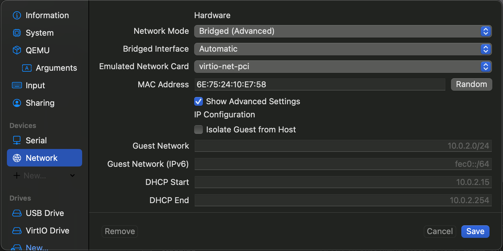 UTM network configuration tab